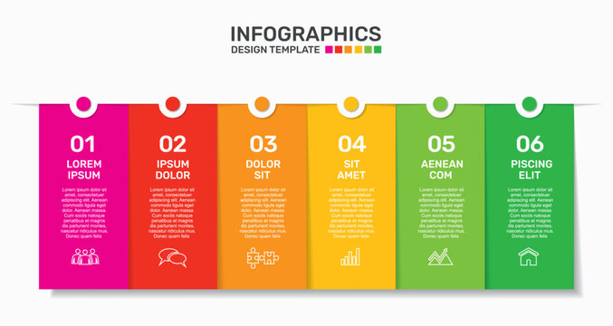Horizontal business infographic template with six colorful vertical columns, icons, and text placeholders. Vector illustration.