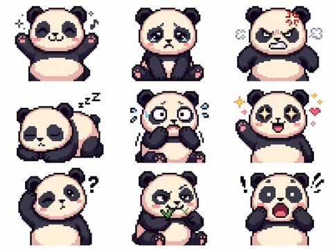 16-bit retro pixel art cute panda bear character expressions and emotions sprite sheet vector illustration