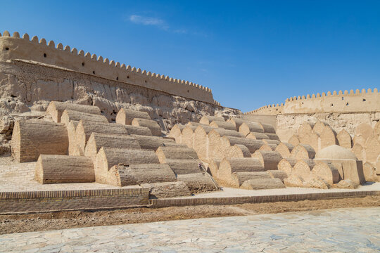 Traditional mud-brick tombs in the walls of the Itchan Kala, the fortified inner city of Khiva, Uzbekistan 