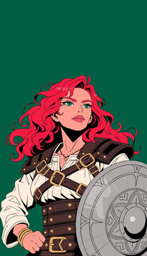 Beautiful Red Hair Caucasian Female Warrior Holding A Round Steel Shield To Represent Courageous Medieval Heroine Character Concept Illustration