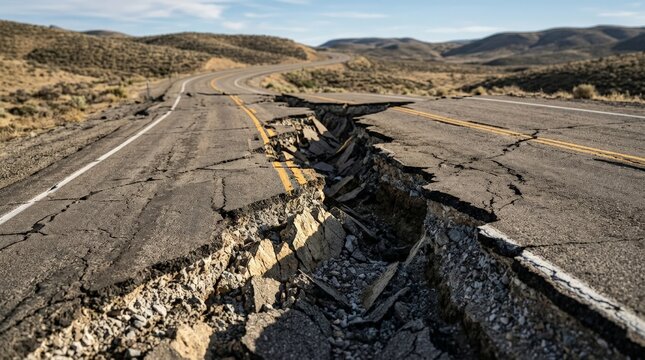 An asphalt road is severely damaged by a powerful earthquake, showing a deep split and broken pieces of pavement across a desolate landscape under a partly cloudy sky