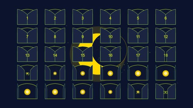 Numbered monthly planner grid with crescent moon phase transformation a thirty day calendar showing the phases of the through circular window frames on a deep blue background