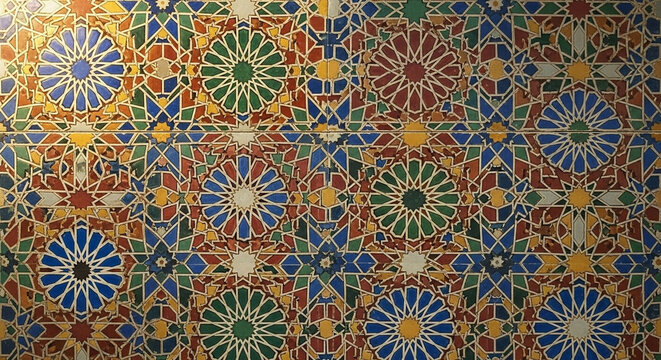 Intricate ancient geometric patterns adorn the surface of these traditional Moroccan ceramic tiles showcasing a vibrant display of historical craftsmanship found within famous Middle Eastern