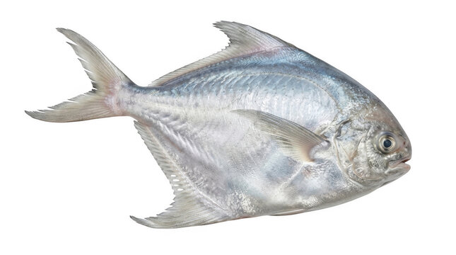 Silver pompano fish swimming isolated in a side view profile shot isolated on transparent background