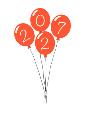 2027 Happy New Year vector illustration with red air balloons bouquet. Isolated festive greeting card design element on white background.