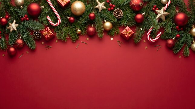 Festive christmas decorations including ornaments and evergreen branches arranged along the top edge of a red background
