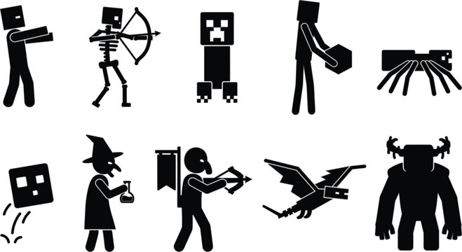 Set of pixelated game monster icons, including zombie, skeleton, creeper, spider, witch, pillager, dragon, and warden