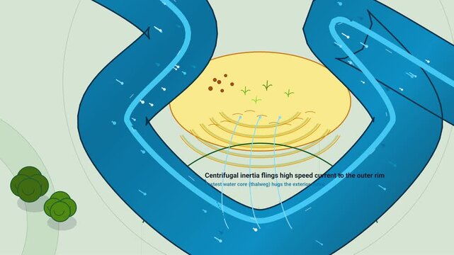Educational animation illustrating the hydrodynamics of oxbow lake formation showing centrifugal inertia causing bank erosion and point bar deposition leading to a chute cutoff and a crescent lake