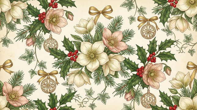 christmas hellebore flowers seamless pattern with holly leaves and golden ribbons for festive decorations.