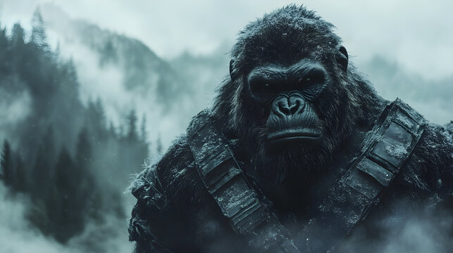 A massive gorilla stands in a misty, mountainous forest, wearing heavy tactical gear, with a stern, imposing expression against a foggy, pine-covered backdrop, highlighting towering elements.
