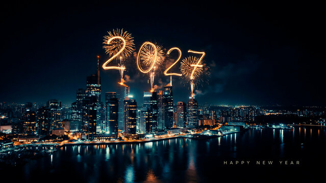 Glowing fireworks forming year two thousand twenty seven over illuminated modern city skyline at night
