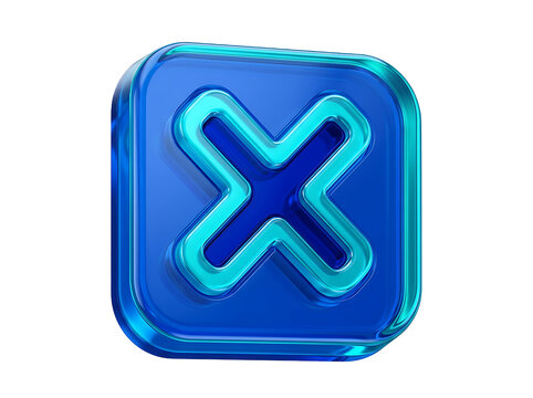 Glossy blue square icon with an x mark symbol isolated on a white background