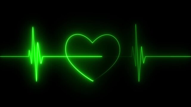 Bright green neon heart shape with a medical heartbeat line rhythm pulse monitor effect isolated on a black background for a modern healthcare or life science digital graphic element
