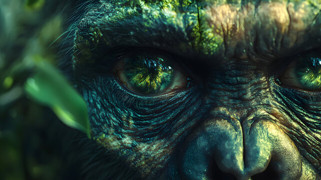 Close-up of a primates face with mossy skin and glowing green eyes, set in a lush, mysterious jungle environment, evoking an ancient, wild, and powerful creature.