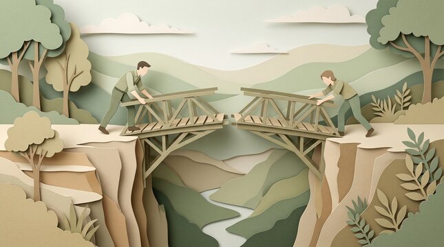 Colleagues Building Bridge Together Partnership Cooperation Paper Cut Style Concept