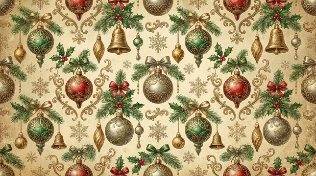 christmas ornate pattern with vintage red gold green ornaments fir branches and bells on a light background for holiday decor.