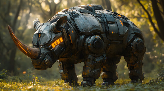 A futuristic armored rhinoceros stands in a sunlit forest clearing, its metallic body gleaming with glowing orange accents, blending mechanical design with natural woodland environment.