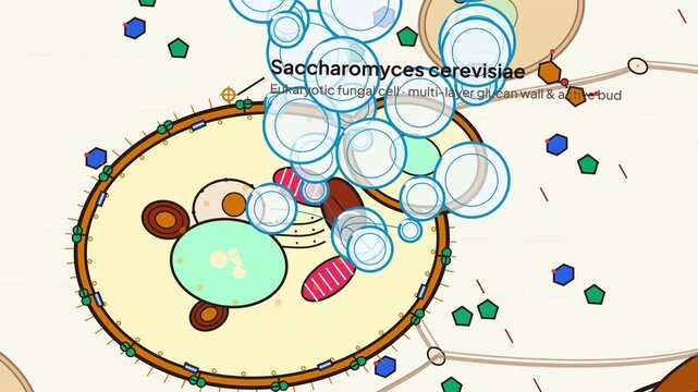 Animation detailing the biochemical process of Saccharomyces cerevisiae yeast metabolism during bread dough fermentation, showing sucrose hydrolysis, glycolysis, and carbon dioxide effervescence
