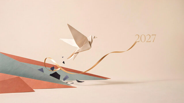 Elegant origami bird soaring upward with glowing golden ribbon toward upcoming year twenty twenty seven