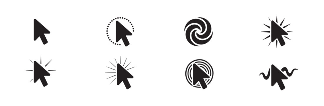 Decorative mouse cursor arrow variants with spinning effects radiating lines and wave patterns for creative design.