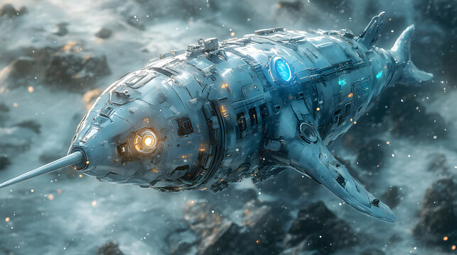 A sleek, futuristic robotic whale glides through a turbulent, star-dusted ocean environment, its metallic body glowing with blue and orange lights, showcasing advanced engineering and aquatic design.