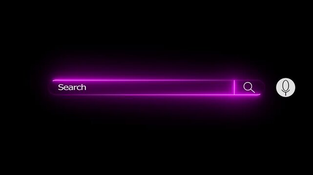 Neon purple glowing search bar interface element with a magnifying glass icon and a microphone button for voice input isolated on a black background for digital web design projects