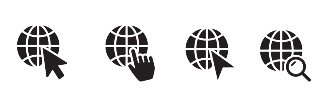 Globe icons with cursors and hand pointers for internet and website interaction and search.