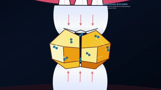 Educational animation demonstrating triboluminescence and sugar glow physics when biting sucrose crystals, detailing masticatory force, brittle cleavage fracture, and nitrogen molecular fluorescence