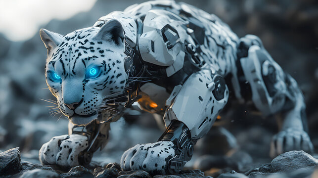 A futuristic robotic snow leopard with glowing blue eyes crouches stealthily among rocky terrain, blending mechanical design with wild animal aesthetics for a high-tech, elusive predator concept.