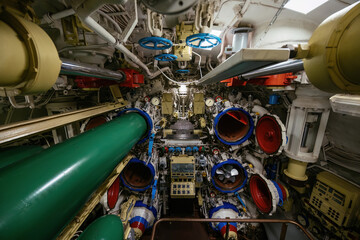 Inside old diesel military submarine. Interior of torpedo compartment © Mulderphoto