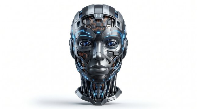 artificial intelligence robot head cybernetic face futuristic android machine learning sci fi sculpture robotic bust advanced ai digital assistant concept on transparent background