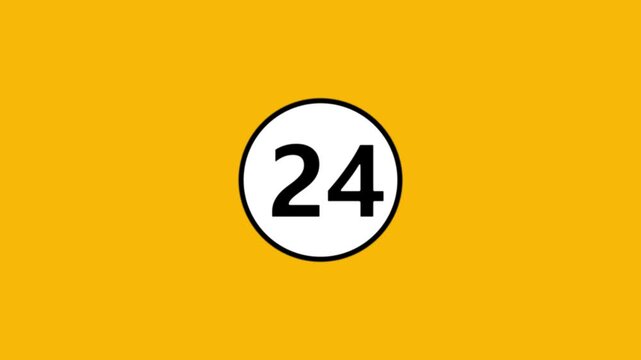 A circular white graphic with a black outline changes its content to reveal the number 24.