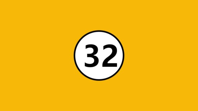 Number 32 displayed within a white circle on a plain yellow background, simple graphic motion.