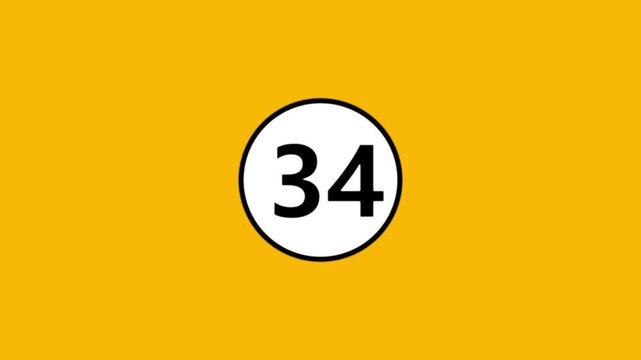 Number thirty four inside white circle on yellow background counting down motion graphic footage.