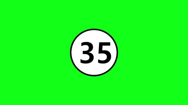 A circular white sign with a black border displaying the number thirty-five on a green screen.