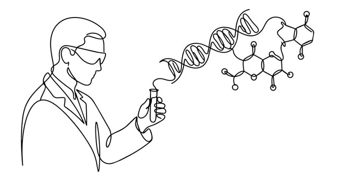 Line art vector illustration depicting a scientist with dna molecule and chemical structure