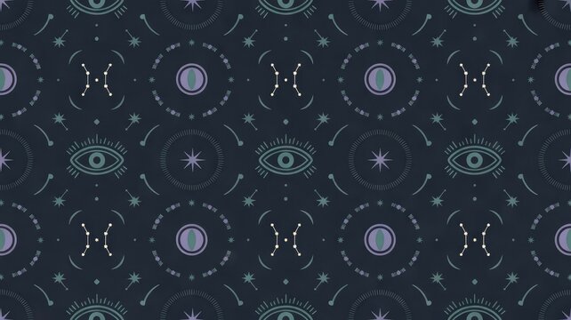 Mystical celestial seamless pattern with evil eyes, zodiac constellations, and starburst symbols on a dark background