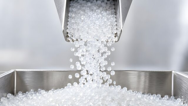 Clear plastic resin pellets pouring from a stainless steel chute into a hopper