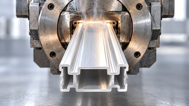 Aluminum profile emerging from hot extrusion press die in factory
