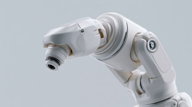 Close-up of a white robotic arm with a sophisticated design, hinting at advanced automation and technology