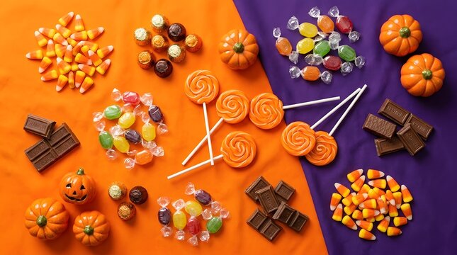 Assorted halloween candy collection on orange and purple backdrop with pumpkins