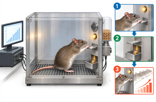 Rat Operant Conditioning in a Skinner Box with Positive Reinforcement &ndash; Scientific Behavioral Psychology Diagram