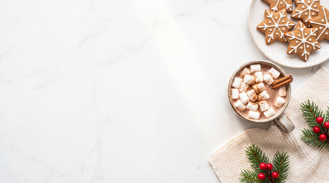 Christmas Morning Breakfast with Cocoa and Gingerbread Cookies on Marble, Top View with Copy Space