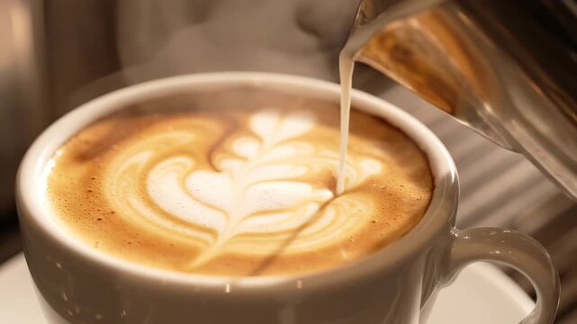 Steamed milk pours into espresso as delicate latte art forms in a warm close-up