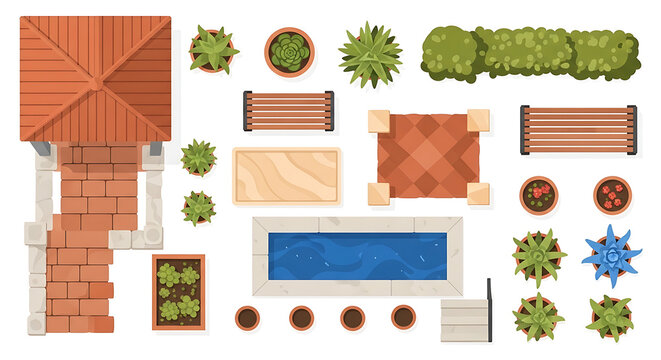 Architectural Garden Landscape Design Elements for Outdoor Planning with a Swimming Pool Benches and Plants in a Top View