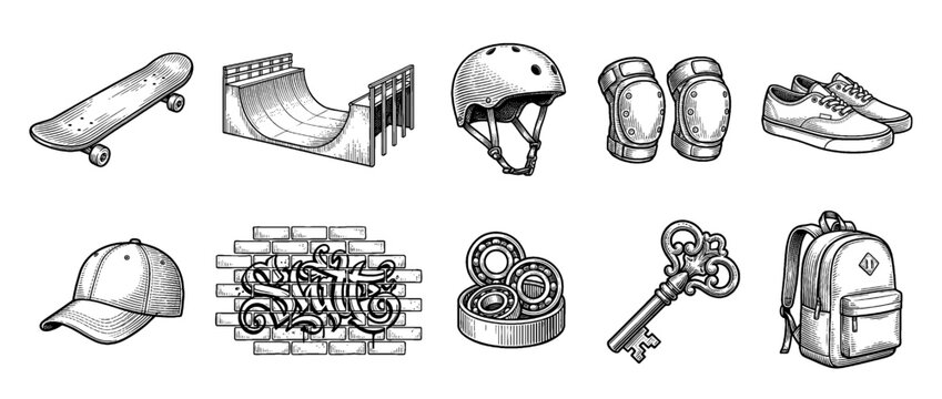Urban skate culture icons with woodcut engraved skateboard, half-pipe ramp, and safety gear for streetwear branding