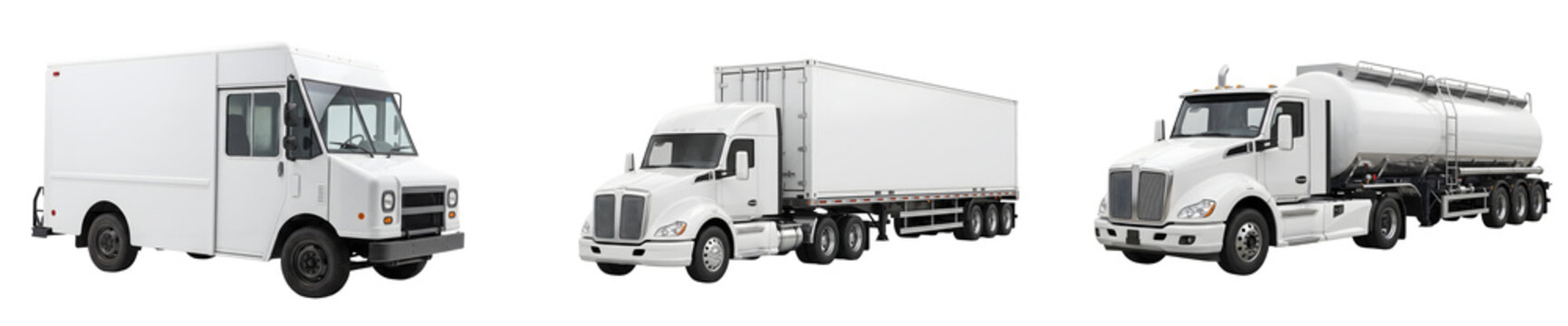 White commercial delivery and freight cargo trucks png set isolated white background