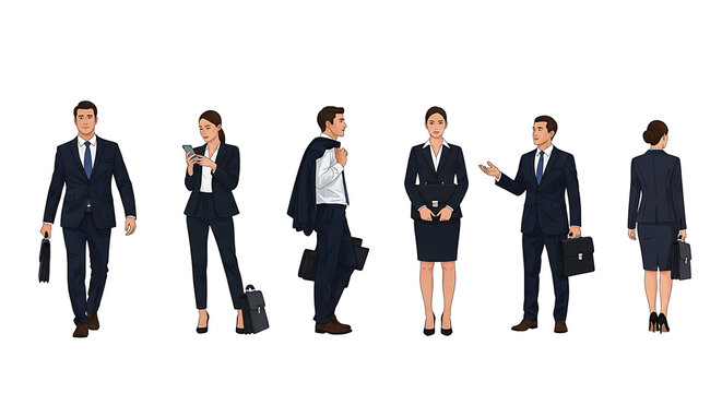 Business Professionals Men and Women in Formal Corporate Attire Posing with Briefcases on a Clean White Background