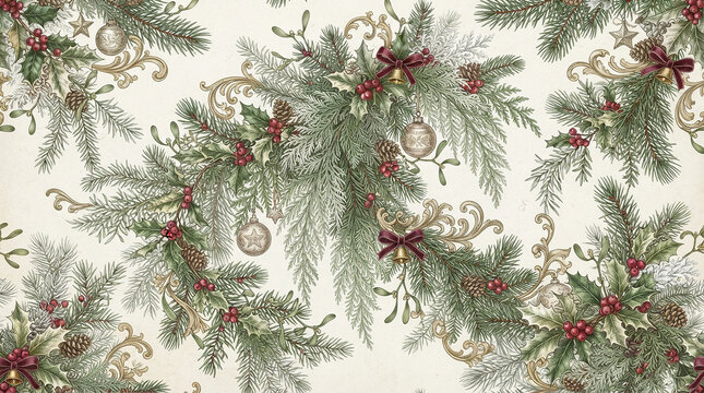 christmas winter botanical seamless pattern design featuring fir branches holly mistletoe and golden bells perfect for holiday decor.