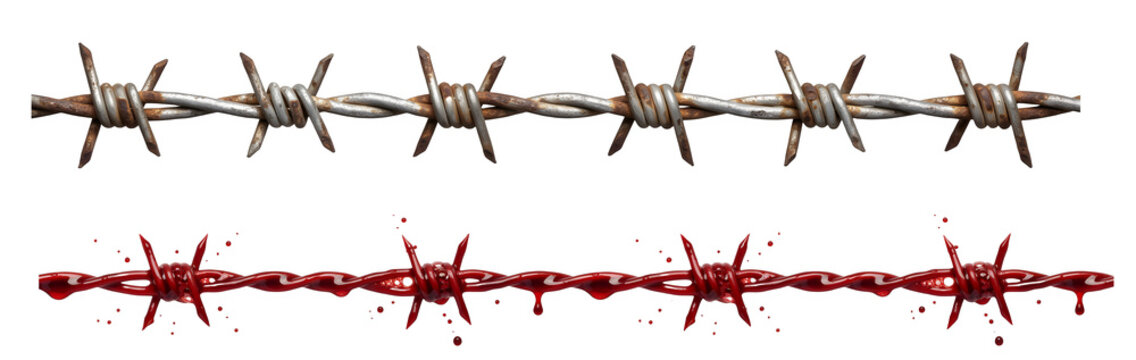 Rusty and bloody barbed wire border png set isolated white background
